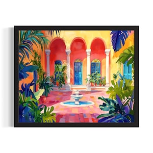 Courtyard Landscape Poster Art Print, Living Room Wall Art Poster, Original Painting Artwork Decor