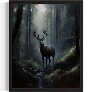Impressão de arte de veado na floresta, pintura de arte de parede gótica assustadora e assustadora, decoração de foto