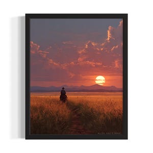 Sunset on the Prairie Cowboy Poster Art Print, Living Room Wall Art Poster, Original Painting Artwork Decor