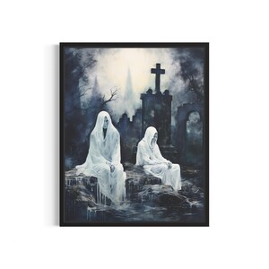 Ghost at Graveyard Art Print, Vintage Gothic Wall Art Painting Decor Photo