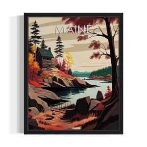 Maine Falls Scene States Art Print, Living Room Wall Art Poster, Original Painting Artwork Decor