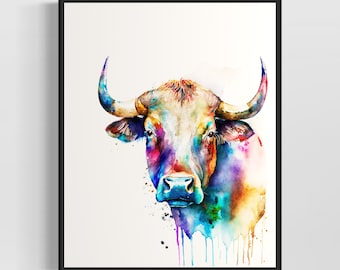 White Bull Watercolor Art Print, Bull Painting Wall Art Decor, Original Artwork  by Artist