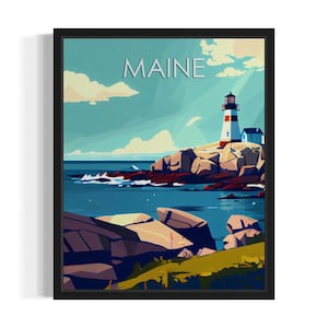 Maine Coastline States Art Print, Living Room Wall Art Poster, Original Painting Artwork Decor