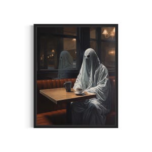 Ghost and Coffee Art Print, Vintage Gothic Wall Art Painting Decor Photo