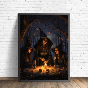 Witches' Coven Art Print, Scary Spooky Haunted Gothic Wall Art Painting Decor Photo