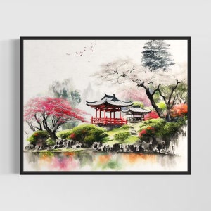 Japanischer Garten Aquarell Kunstdruck, Japanischer Garten Malerei Wanddekoration, Originalkunstwerk des Künstlers