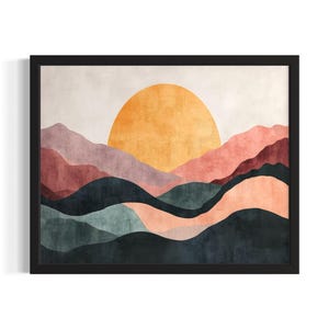 BOHO Sun and Mountains Landscape Poster Art Print, Living Room Wall Art Poster, Original Painting Artwork Decor
