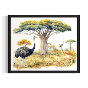 Ostrich and Antelope Animal in Safair in Harmony Poster Art Print, Living Room Wall Art Poster, Original Painting Artwork Decor