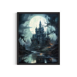Haunted Castle Art Print, Vintage Gothic Wall Art Painting Decor Photo