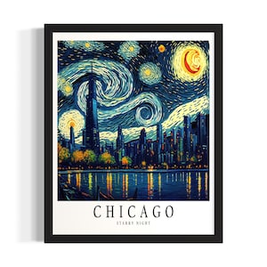 Illinois Chicago Starry Night States Art Print, woonkamer muurkunstposter, origineel schilderij artwork decor