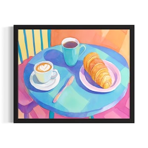 Coffee and Croissant Landscape Poster Art Print, Living Room Wall Art Poster, Original Painting Artwork Decor