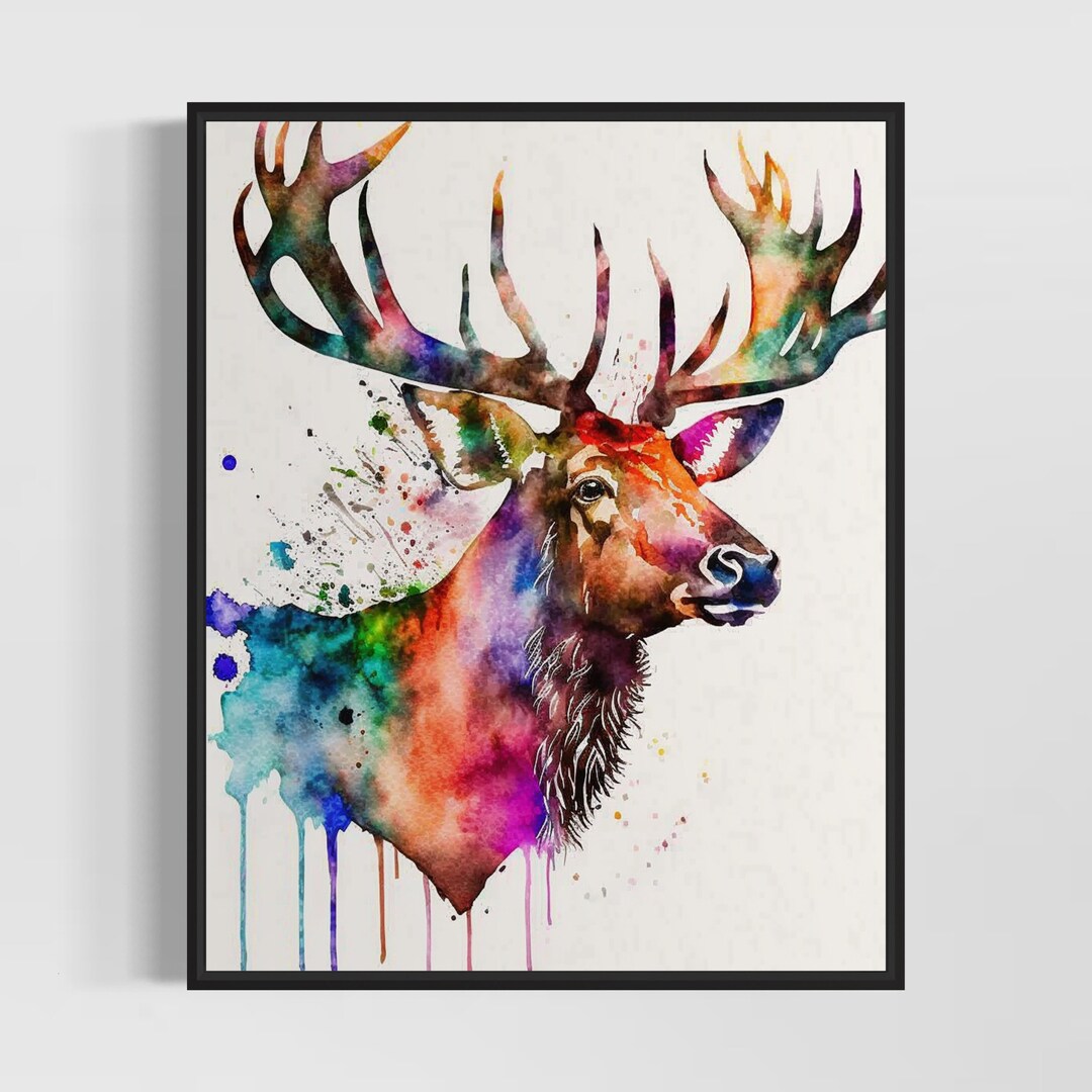 Colorful Elk Watercolor Art Print, Elk Painting Wall Art Decor