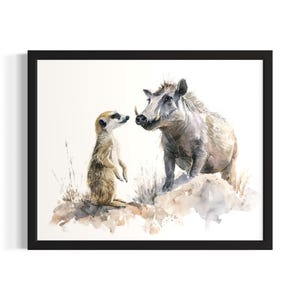 Meerkat and Warthog Animal in Safair in Harmony Poster Art Print, Living Room Wall Art Poster, Original Painting Artwork Decor
