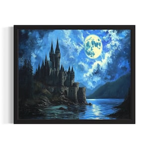Castle and Moonlight Huanted Animals Poster Art Print, Living Room Wall Art Poster, Original Painting Artwork Decor
