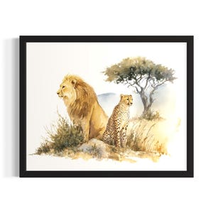 Lion and Cheetah Animal in Safair in Harmony Poster Art Print, Living Room Wall Art Poster, Original Painting Artwork Decor