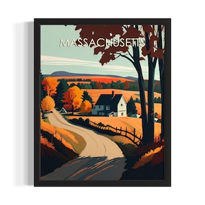 Massachusetts Retro Fall States Poster Art Print, Living Room Wall Art Poster, Original Painting Artwork Decor