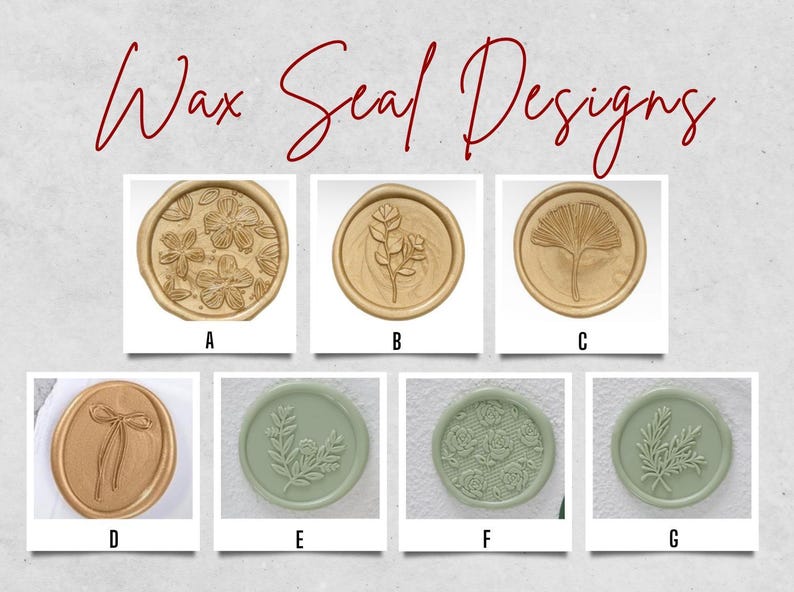 Puede incluir: Imagen que muestra varios dise&ntilde;os de sellos de cera. Los sellos presentan motivos florales, bot&aacute;nicos y de lazo en tonos dorados y verdes. El texto "Wax Seal Designs" est&aacute; escrito en cursiva roja en la parte superior. Cada sello se muestra en un marco cuadrado.