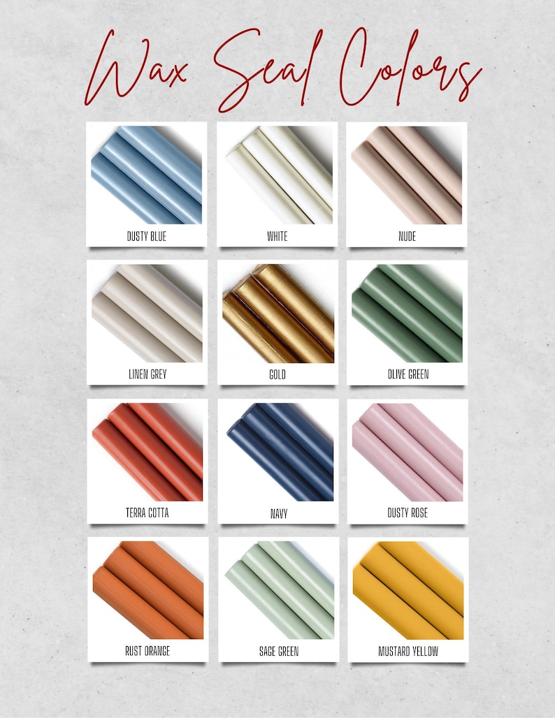 Puede incluir: Una exhibici&oacute;n de colores de lacre, incluyendo azul polvoriento, blanco, nude, gris lino, dorado, verde oliva, terracota, azul marino, rosa empolvado, naranja &oacute;xido, verde salvia y amarillo mostaza. El texto "Wax Seal Colors" est&aacute; en la parte superior.