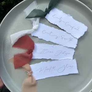 Hand Torn Place Cards with Ribbon |  Handmade Paper, Custom Color and Font, Printed | Weddings, Dinner Party, Name Tags, Decor