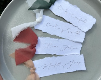 Hand Torn Place Cards with Ribbon |  Handmade Paper, Custom Color and Font, Printed | Weddings, Dinner Party, Name Tags, Decor