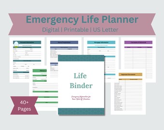 May include: A printable emergency life planner with 40+ pages. The planner includes sections for personal information, storm preparation, mortgage information, usernames and passwords, important documents, and a life binder checklist. The planner is designed to help people prepare for unexpected events.