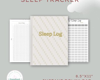 May include: A printable PDF sleep tracker with a beige cover featuring the text "Sleep Log" in gold. The cover has a diagonal zigzag pattern. The tracker includes pages for daily sleep logs and hours of sleep. The size is 8.5" x 11".