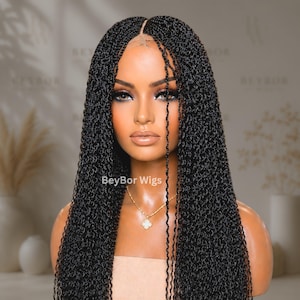 Peruka w kolorze czarnego arbuza, długie, pojedyncze warkocze typu box braids z zamknięciem koronkowym