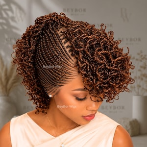 May include: A wig featuring a complex braided pattern on the side that transitions into voluminous, auburn-brown curly twists. The hair is styled in a side-swept manner with intricate cornrow details visible along the scalp and the text BeyBor Wigs.