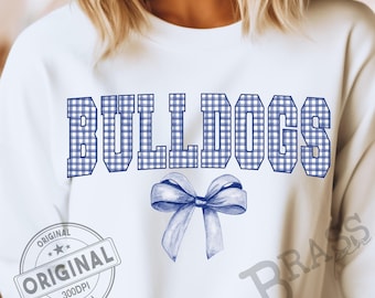 Bulldogs Coquette Bow Watercolor Gingham Design – Blue, PNG, JPG, Digital Download