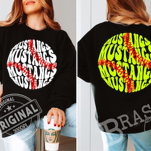 May include: Black sweatshirt with a white and red softball design on the front and back. The design features the word "Mustangs" in a curved font, with a red baseball stitch design in the center.