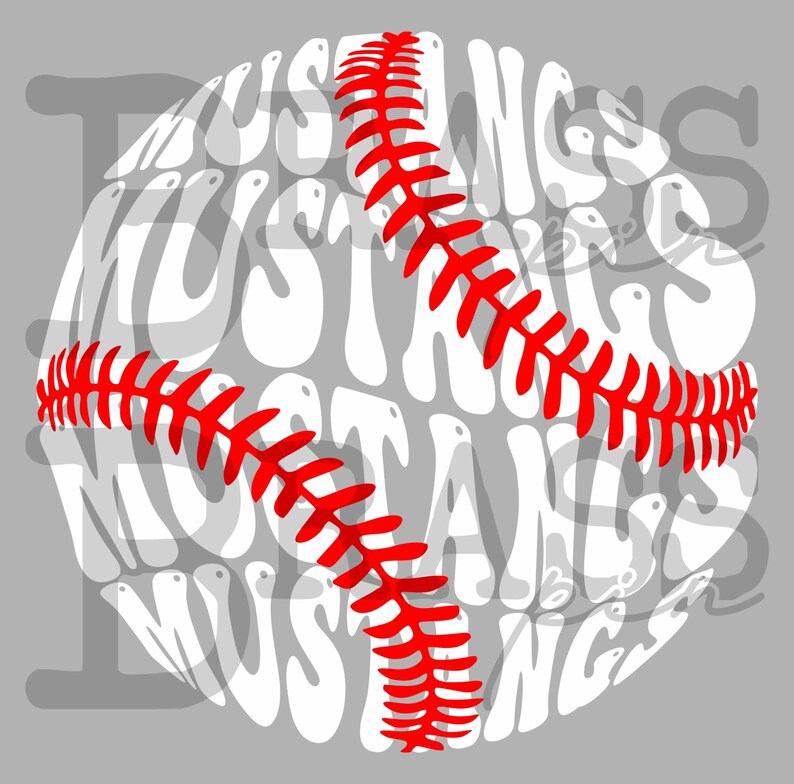 Puede incluir: Un dise&ntilde;o de b&eacute;isbol con la palabra "Mustangs" en blanco, superpuesta sobre un fondo gris. El b&eacute;isbol tiene costuras rojas. La palabra "Mustangs" se repite en todo el dise&ntilde;o del b&eacute;isbol.