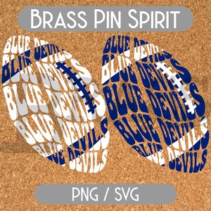 May include: Two football-shaped designs with the text "BLUE DEVILS" in white and blue. The design includes a blue stripe and white laces. The text "BRASS PIN SPIRIT" is at the top. The bottom of the image has the text "PNG / SVG".