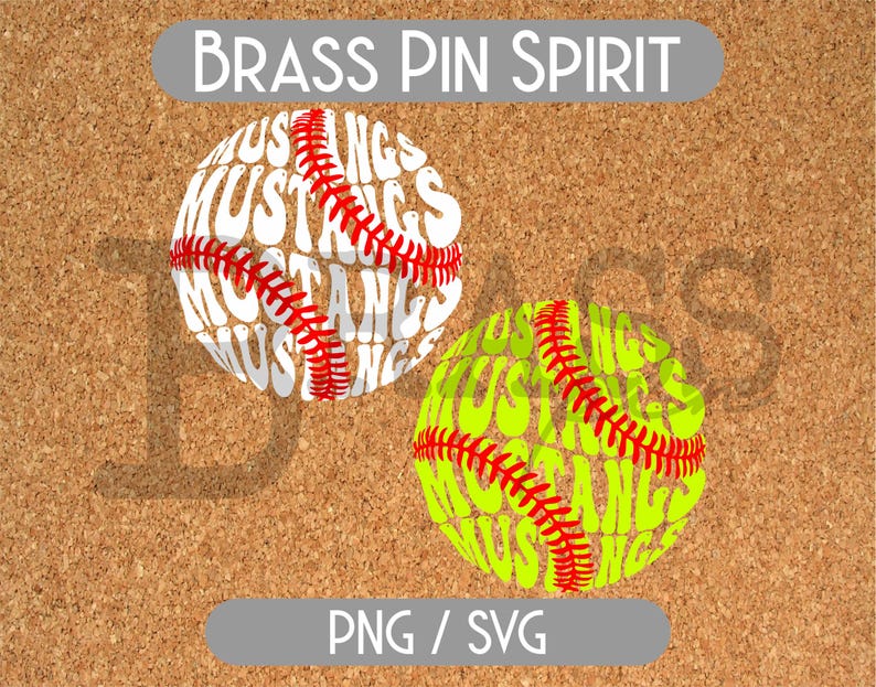 Puede incluir: Dos pelotas de b&eacute;isbol con el texto "MUSTANGS" en blanco y amarillo, con costuras rojas. La parte superior de la imagen dice "BRASS PIN SPIRIT" en texto blanco. La parte inferior de la imagen dice "PNG / SVG" en texto blanco.