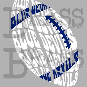 May include: A gray background with a white football-shaped design. The words "BLUE DEVILS" are repeated in a wavy pattern across the football, with navy blue accents and stitching.