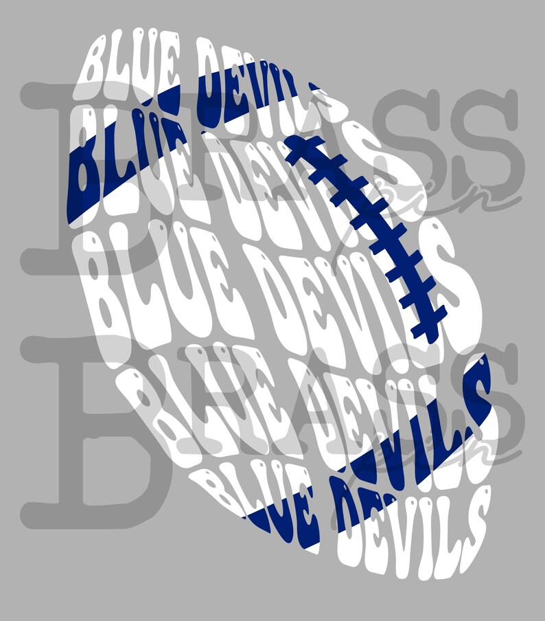 May include: A gray background with a white football-shaped design. The words "BLUE DEVILS" are repeated in a wavy pattern across the football, with navy blue accents and stitching.