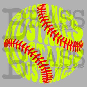 Puede incluir: Un dise&ntilde;o de softbol con la palabra "Mustangs" en fuente verde ne&oacute;n, superpuesta a un softbol amarillo. Las costuras rojas de la pelota son visibles. El fondo es gris liso.