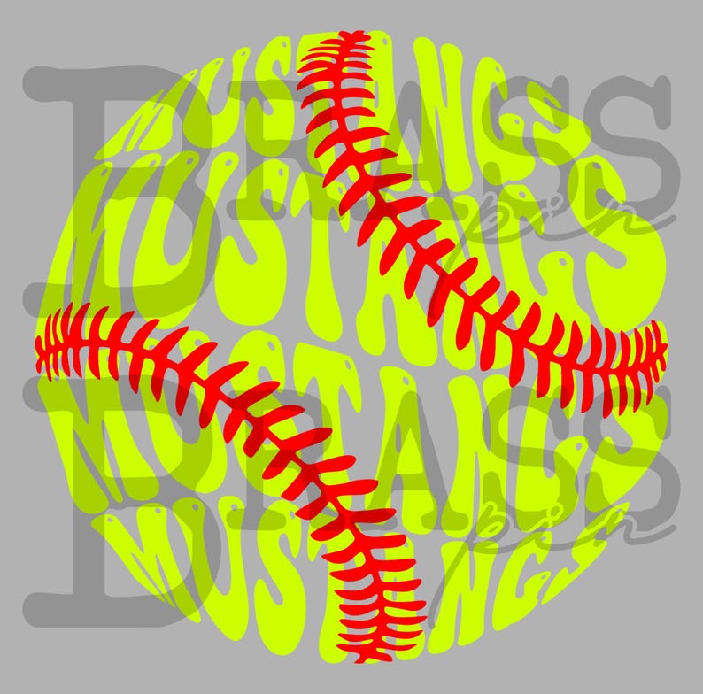 Puede incluir: Un dise&ntilde;o de softbol con la palabra "Mustangs" en fuente verde ne&oacute;n, superpuesta a un softbol amarillo. Las costuras rojas de la pelota son visibles. El fondo es gris liso.