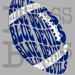 May include: A blue and white football graphic with the words "BLUE DEVILS" in a wavy font. The design is set against a gray background. The football has white laces and a white stripe.