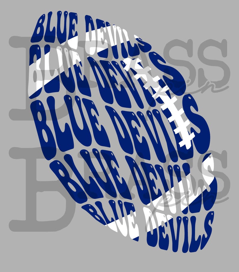 May include: A blue and white football graphic with the words "BLUE DEVILS" in a wavy font. The design is set against a gray background. The football has white laces and a white stripe.