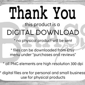 Puede incluir: Anuncio de descarga digital blanco con las palabras "Thank You" en letras negras en negrita. El texto explica que el producto es una descarga digital, no se env&iacute;a ning&uacute;n producto f&iacute;sico y los archivos se pueden descargar desde Etsy.