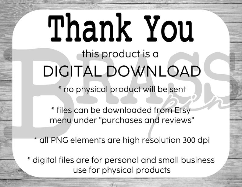 Puede incluir: Anuncio de descarga digital blanco con las palabras "Thank You" en letras negras en negrita. El texto explica que el producto es una descarga digital, no se env&iacute;a ning&uacute;n producto f&iacute;sico y los archivos se pueden descargar desde Etsy.