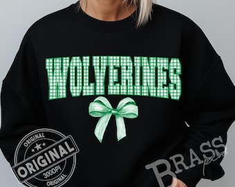 Wolverines Coquette Bow Watercolor Gingham Design: Green, PNG, JPG, Instant Download