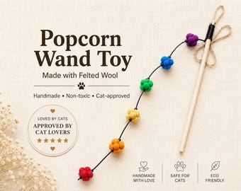Popcorn Cat Wand Toy, Wool Felt Interactive Cat Teaser, Handmade Kitten Enrichment Toy
