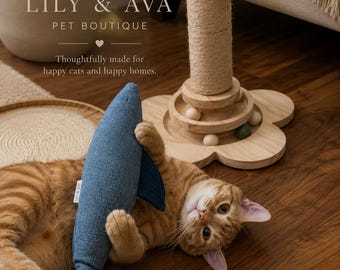 May include: An orange tabby cat lying on a wooden floor, holding a blue fabric fish toy. Behind the cat is a beige sisal scratching post with a flower-shaped wooden base featuring small wooden balls. Text reads LILY & AVA PET BOUTIQUE.