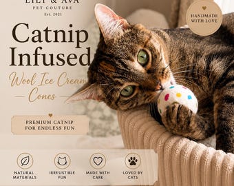 Catnip Infused Ice Cream Cone Cat Toy, Handmade Felted Wool Cat Toy, Interactive Kitten Toy, Enrichment Toy, Catnip Gift for Cats