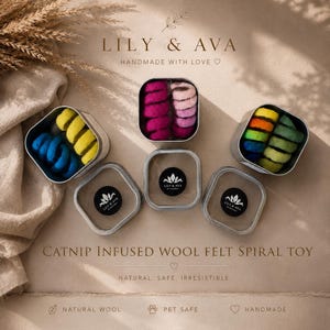 Handmade Felt Wool Spiral Cat Toy, Catnip Infused Spring, Premium Catnip Tin with 2 Refill Pods, Cat Enrichment Toy
