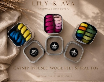 Handmade Felt Wool Spiral Cat Toy, Catnip Infused Spring, Premium Catnip Tin with 2 Refill Pods, Cat Enrichment Toy
