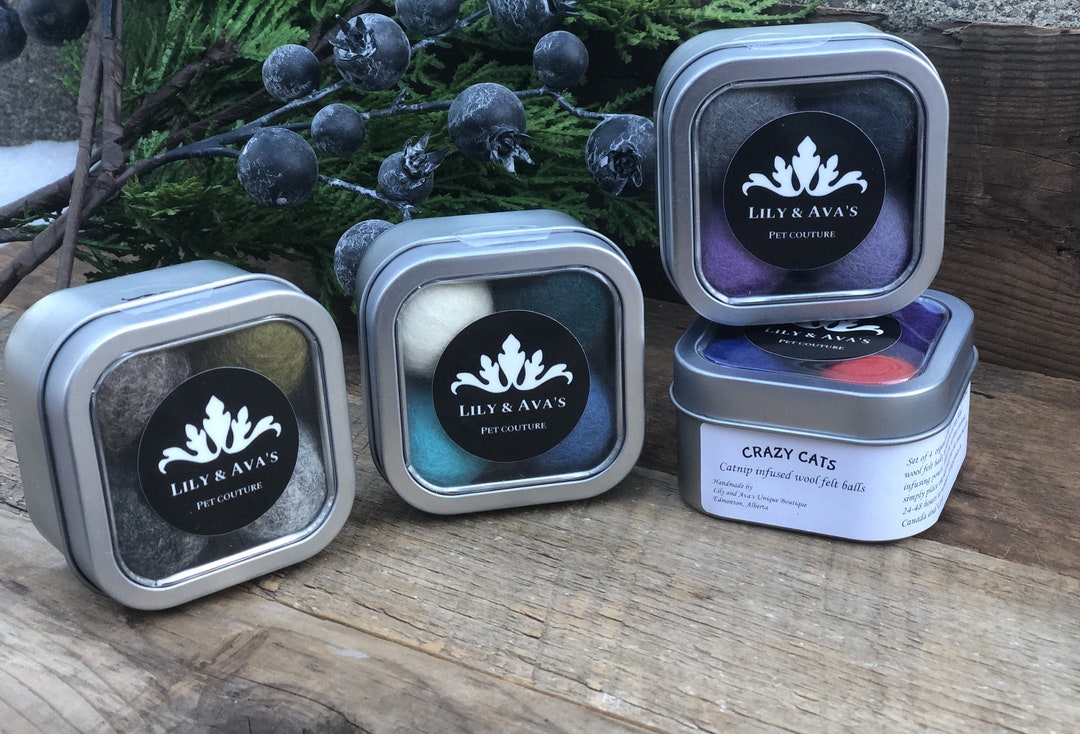 Catnip Cat Toy New Zealand Wool Felt Balls With Recharging Tin in