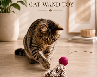 Handmade Wool Felt Ball Cat Wand Toy, Faux Fur Teaser, Interactive Cat Wand Toy, 9 Colors, Kitten Enrichment