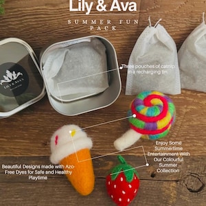 Catnip Infused Felted Cat Toy Summer Set Includes Felt Lollipop, Felt Strawberry and Adorable Ice Cream Cone for Sumner Fun! Gift for Cats.